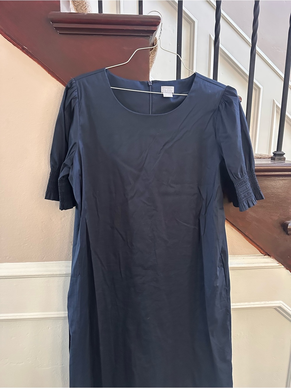 Chico's Navy Short-Sleeve Midi Shift Dress